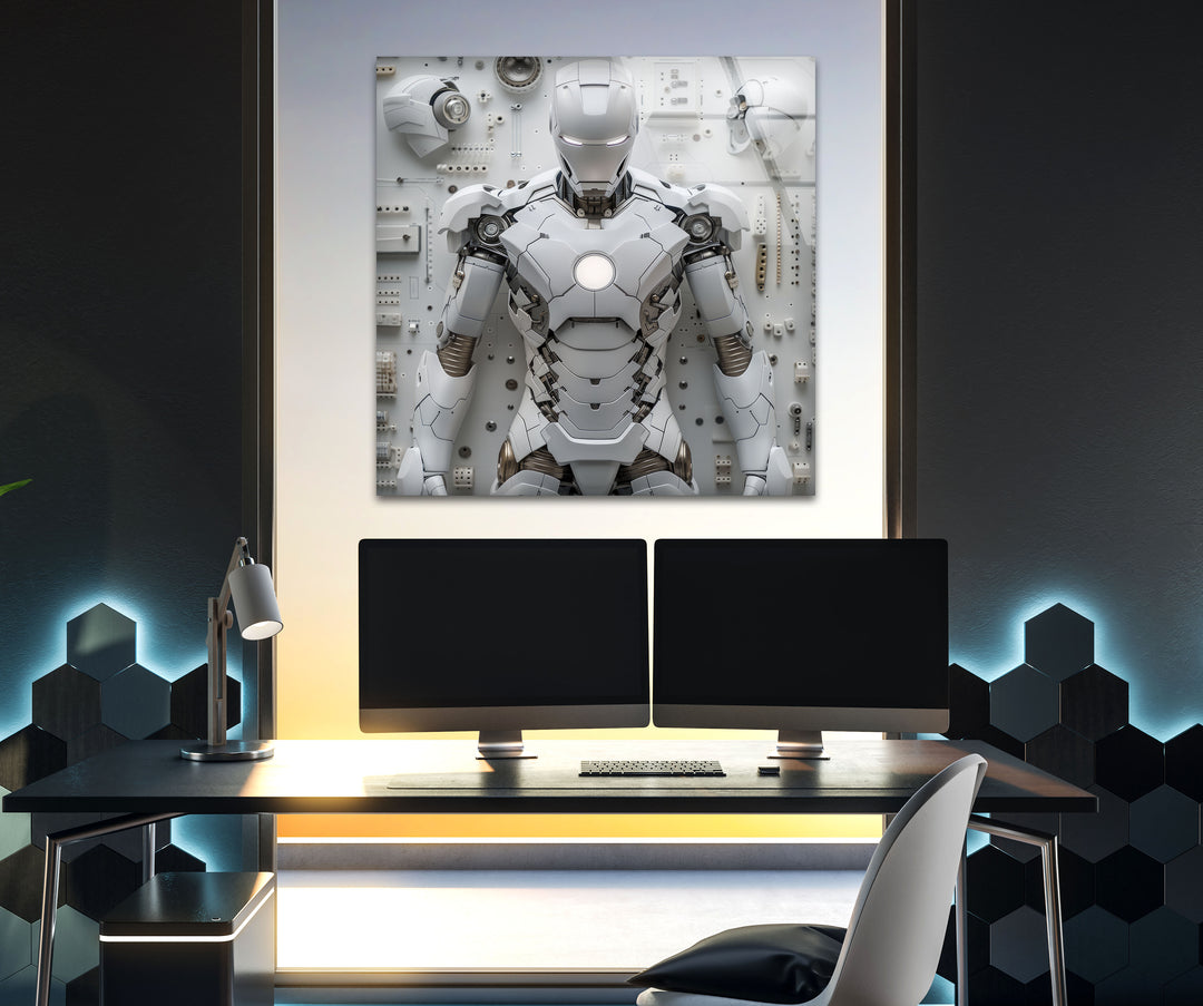 White Iron Man Glass Wall Art photo print on glass, prints on glass wall art
