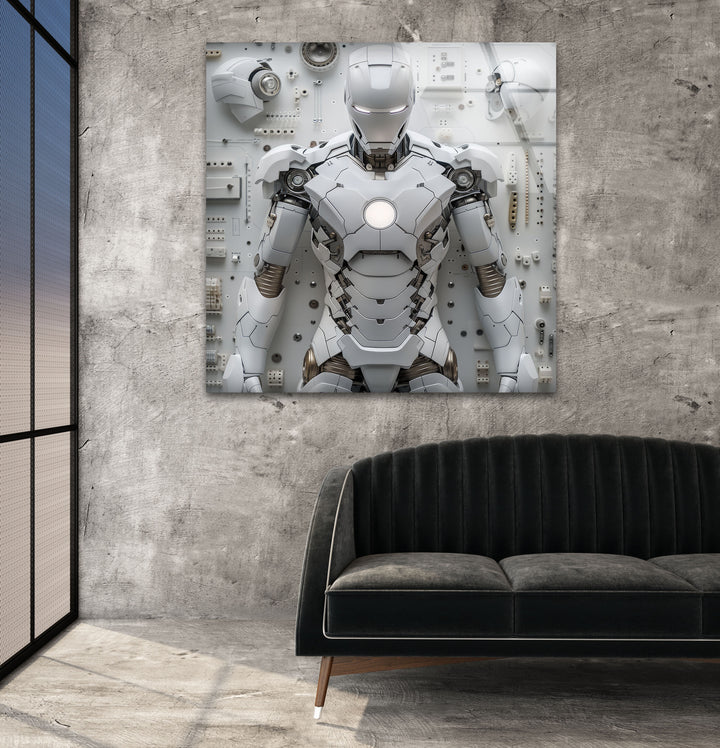 White Iron Man Glass Wall Art glass image printing, glass prints from photos
