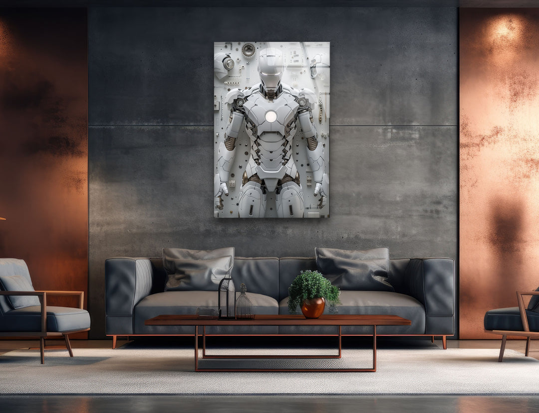 White Iron Man Glass Wall Art print picture on glass, Tempered Glass Wall Art
