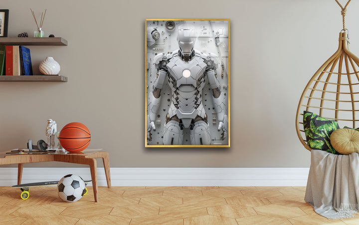 White Iron Man Glass Wall Art picture on glass wall art, photos printed on glass
