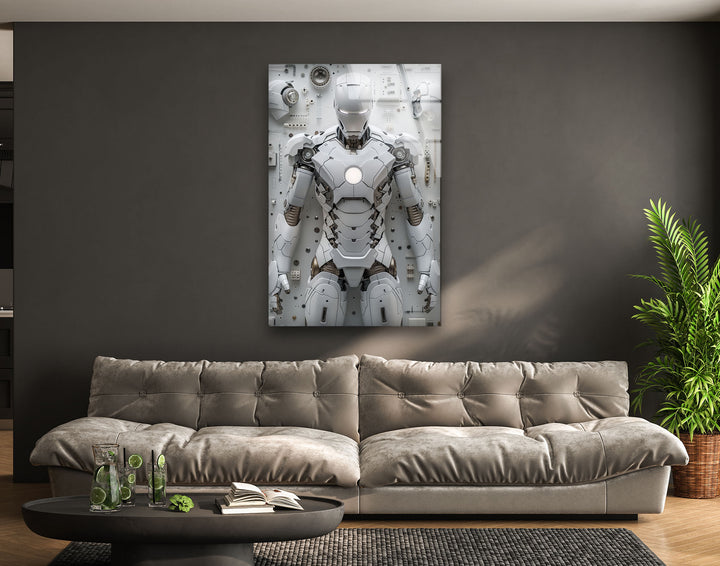 White Iron Man Glass Wall Art large glass photo prints, glass wall photos
