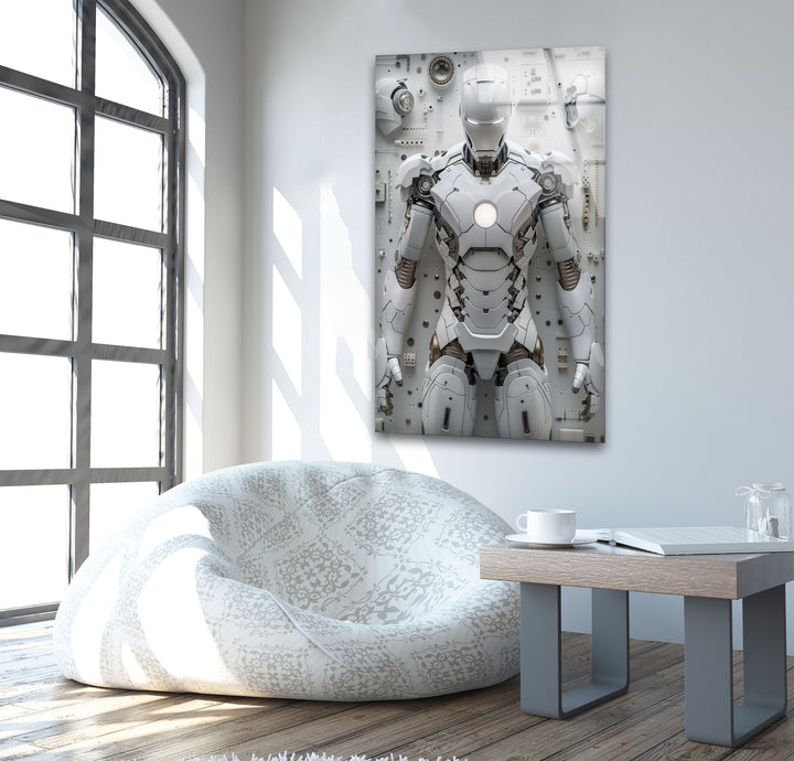 White Iron Man Glass Wall Art custom glass pictures, glass art prints
