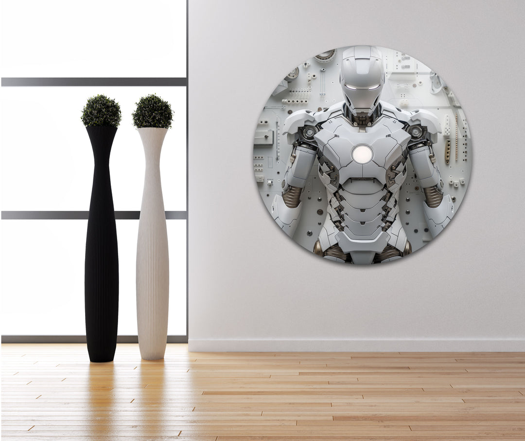 White Iron Man Glass Wall Art custom glass photo prints, large glass prints
