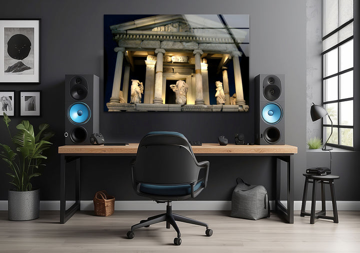 Temple of Athena Glass Wall Art – Majestic View of Ancient Greek Landmark at Night