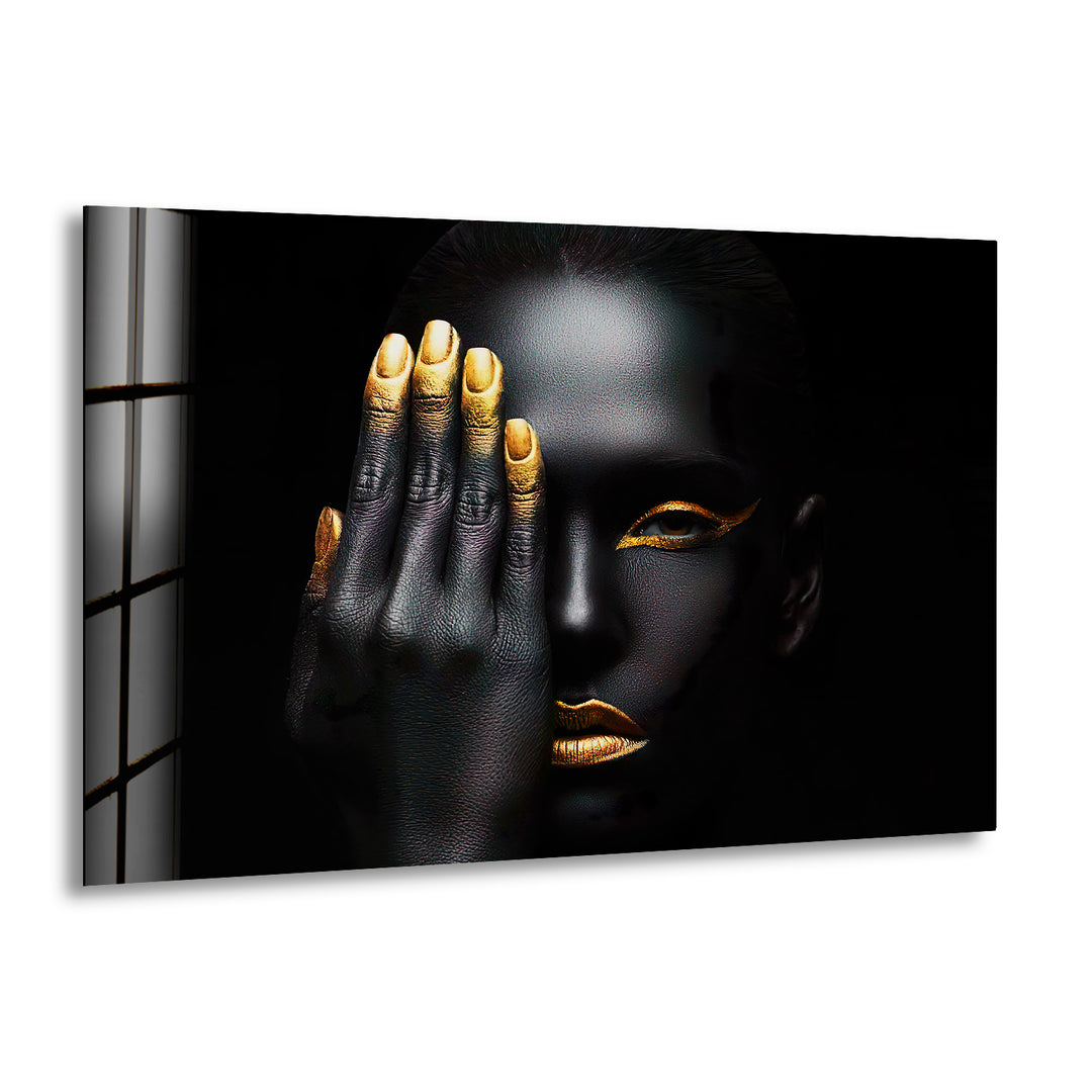 African Black Woman with Gold Lips Glass Wall Art