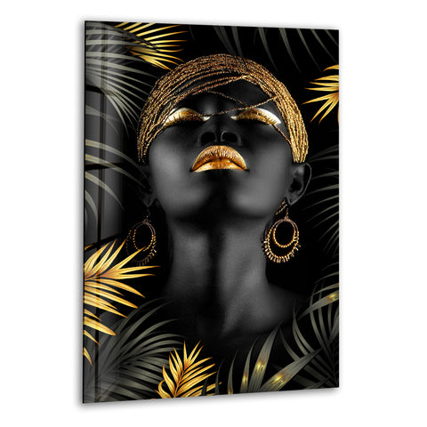 African Woman with Gold Palm Leaves Glass Art Paintings