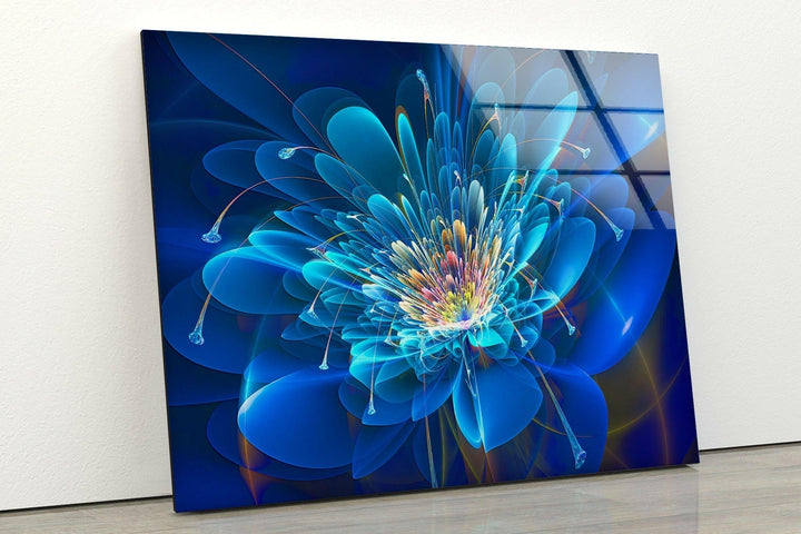 Abstract Blue Flowers Wall Art Printed on Glass