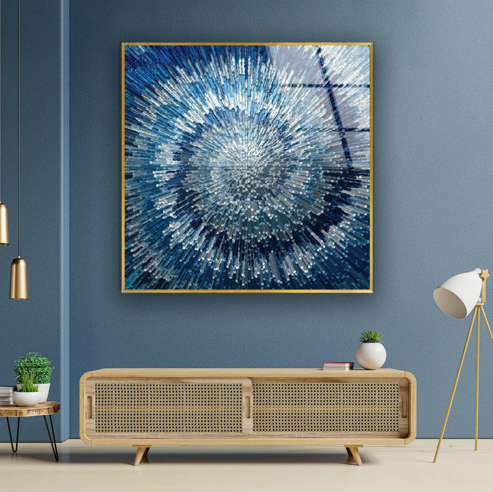 Blue Fractal Art Glass Wall Decor for Living Room Spaces