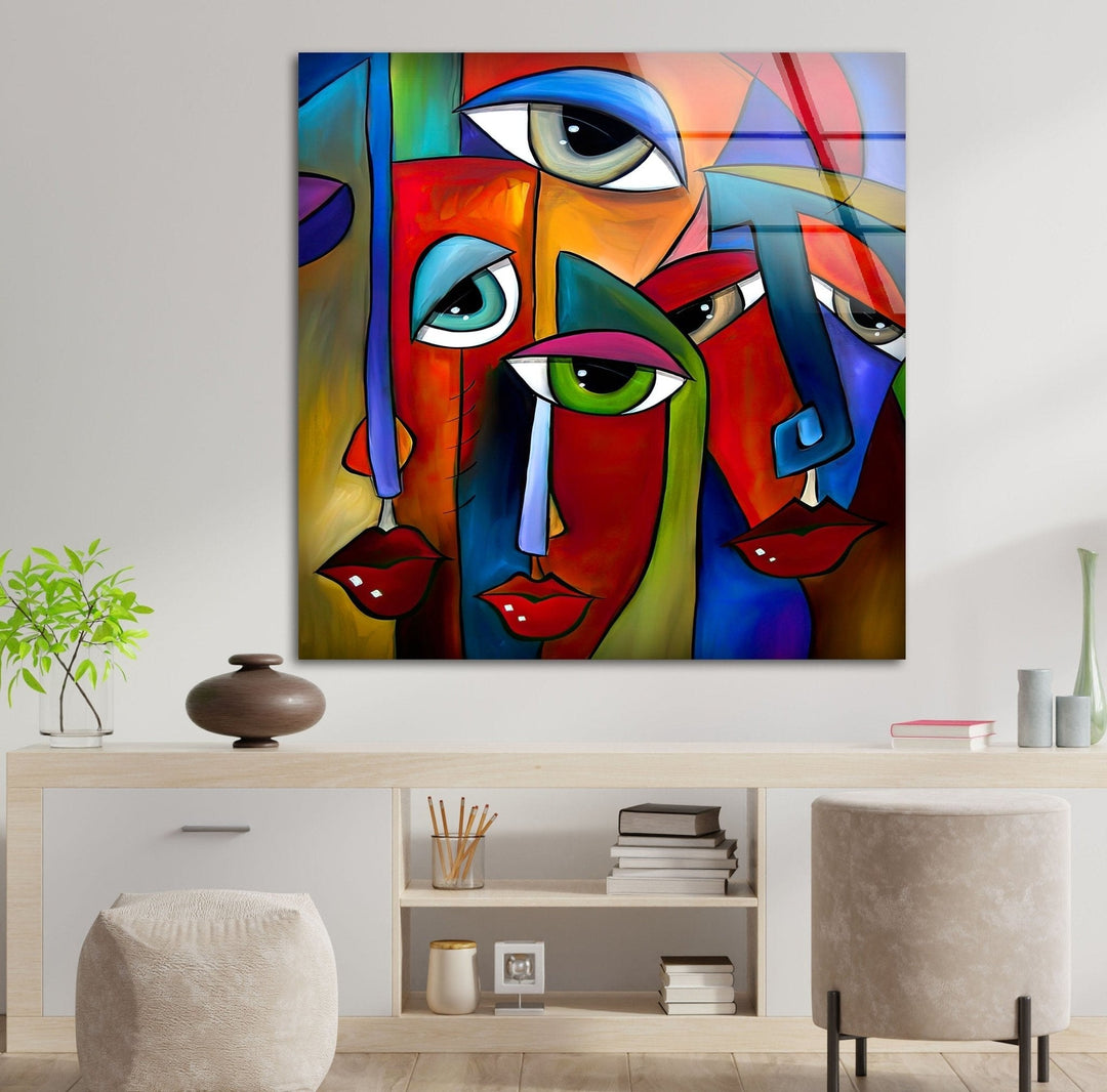 Abstract Colorful Faces Glass Wall Art