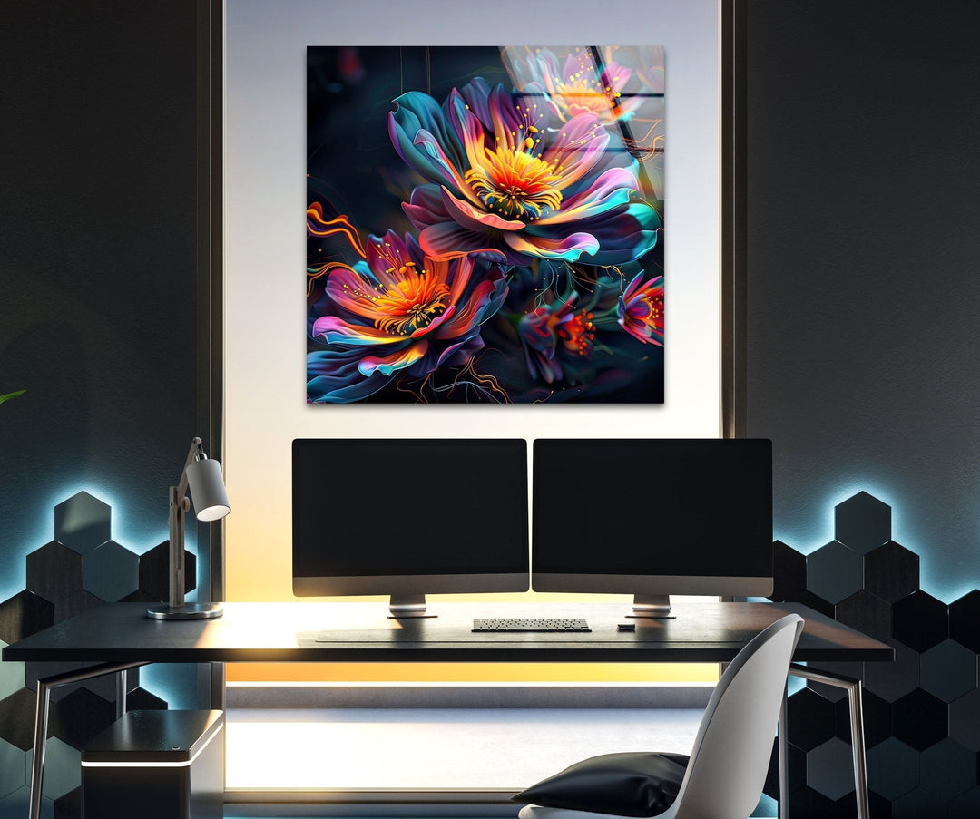 Abstract Floral Neon Design Glass Wall Art glass photo prints, glass picture prints
