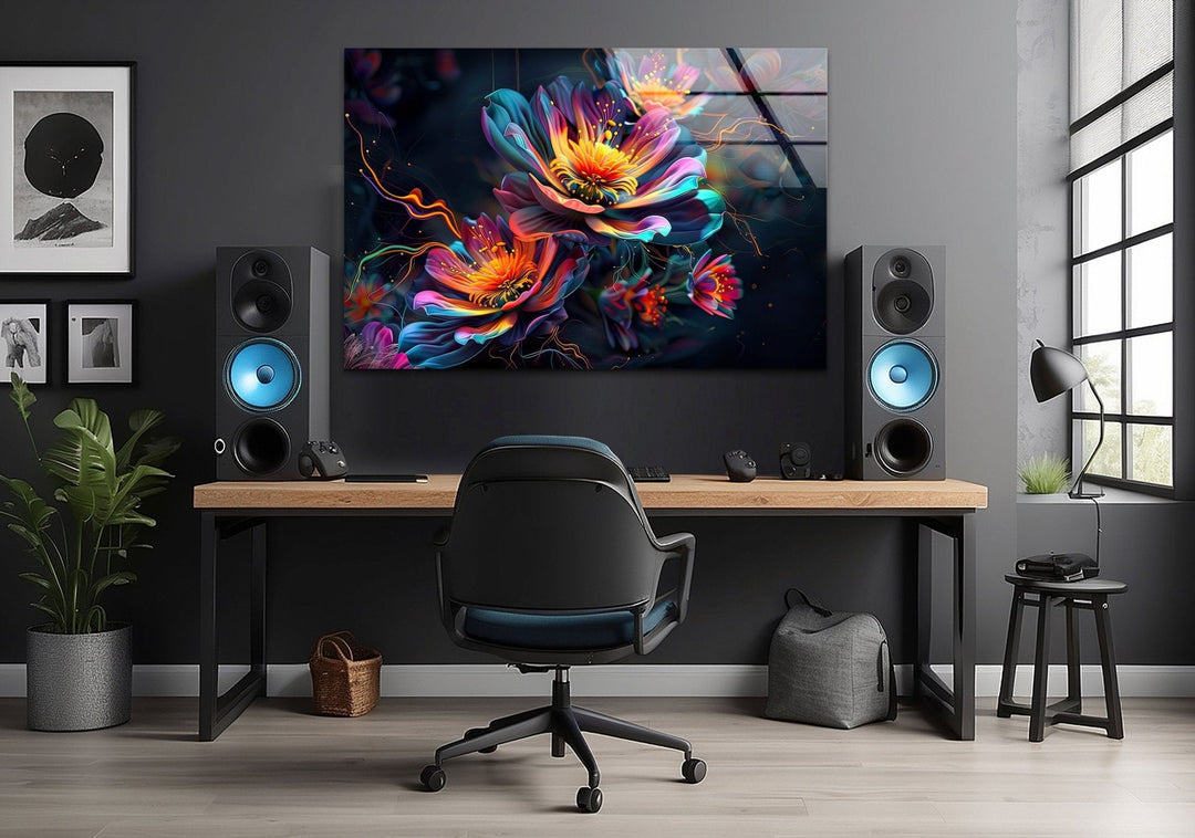 Abstract Floral Neon Design Glass Wall Art glass image printing, glass prints from photos
