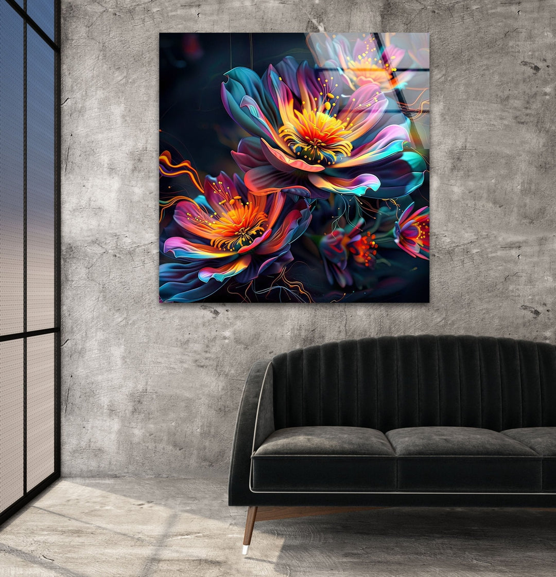 Abstract Floral Neon Design Glass Wall Art picture on glass wall art, photos printed on glass
