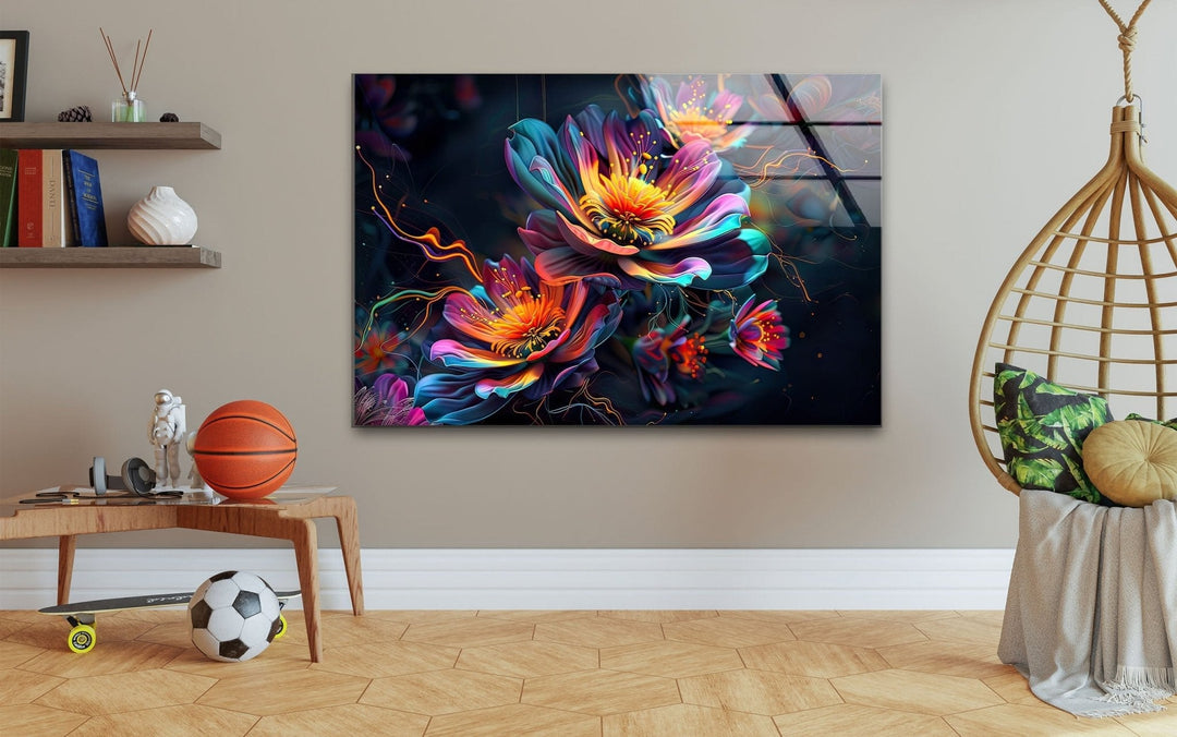 Abstract Floral Neon Design Glass Wall Art photo print on glass, prints on glass wall art
