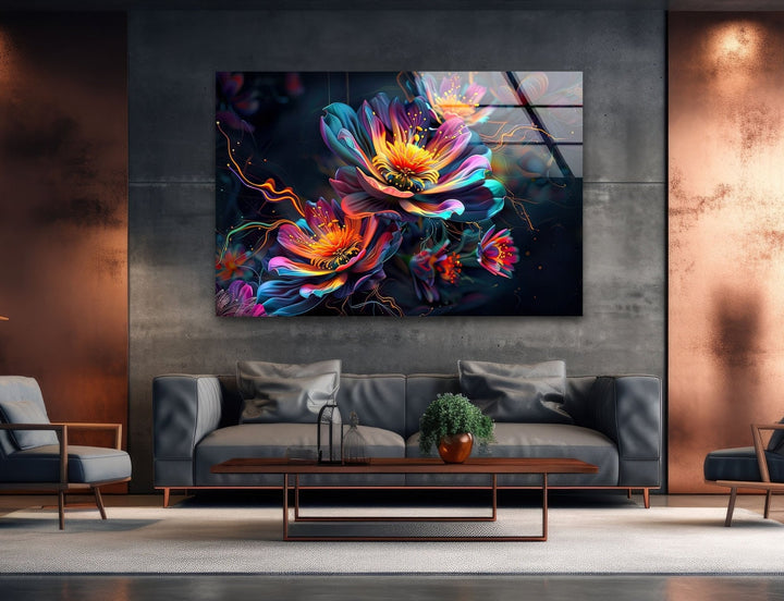 Abstract Floral Neon Design Glass Wall Art glass pictures for Wall, glass prints wall art
