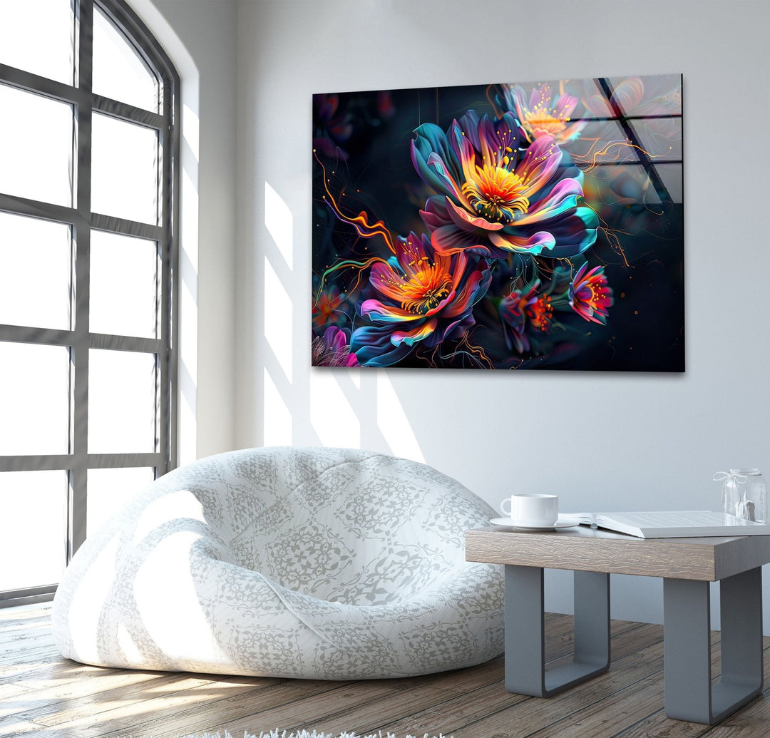 Abstract Floral Neon Design Glass Wall Art large glass photo prints, glass wall photos
