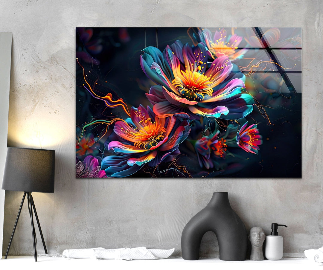 Abstract Floral Neon Design Glass Wall Art custom glass pictures, glass art prints
