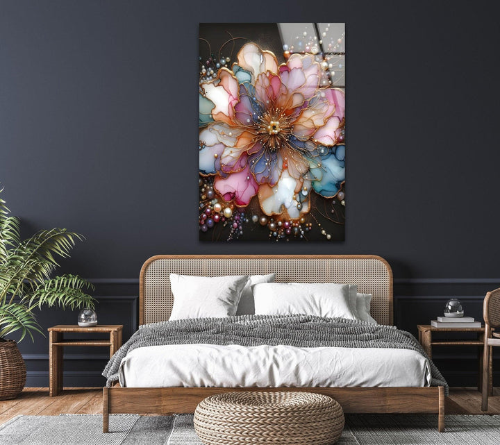 Abstract Flower With Pearl Glass Wall Art, glass pictures for Wall, glass prints wall art