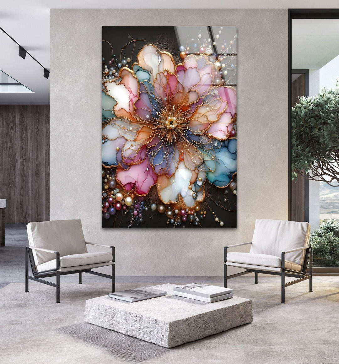 Abstract Flower With Pearl Glass Wall Art, Glass Printing Wall Art, Print photos on glass