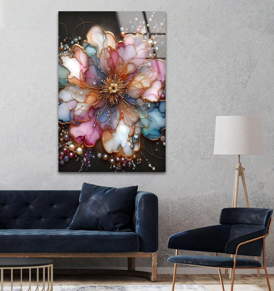 Abstract Flower With Pearl Glass Wall Art, glass image printing, glass prints from photos