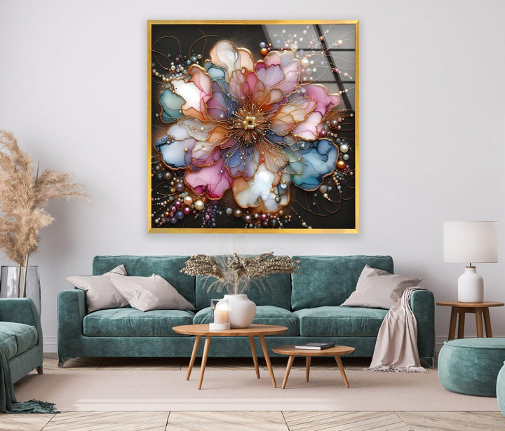 Abstract Flower With Pearl Glass Wall Art, glass art painting, glass art for the Wall