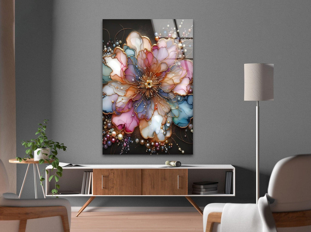 Abstract Flower With Pearl Glass Wall Art, glass art prints