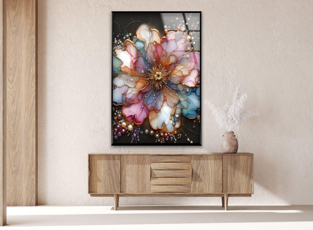 Abstract Flower With Pearl Glass Wall Art, glass photo prints, glass picture prints