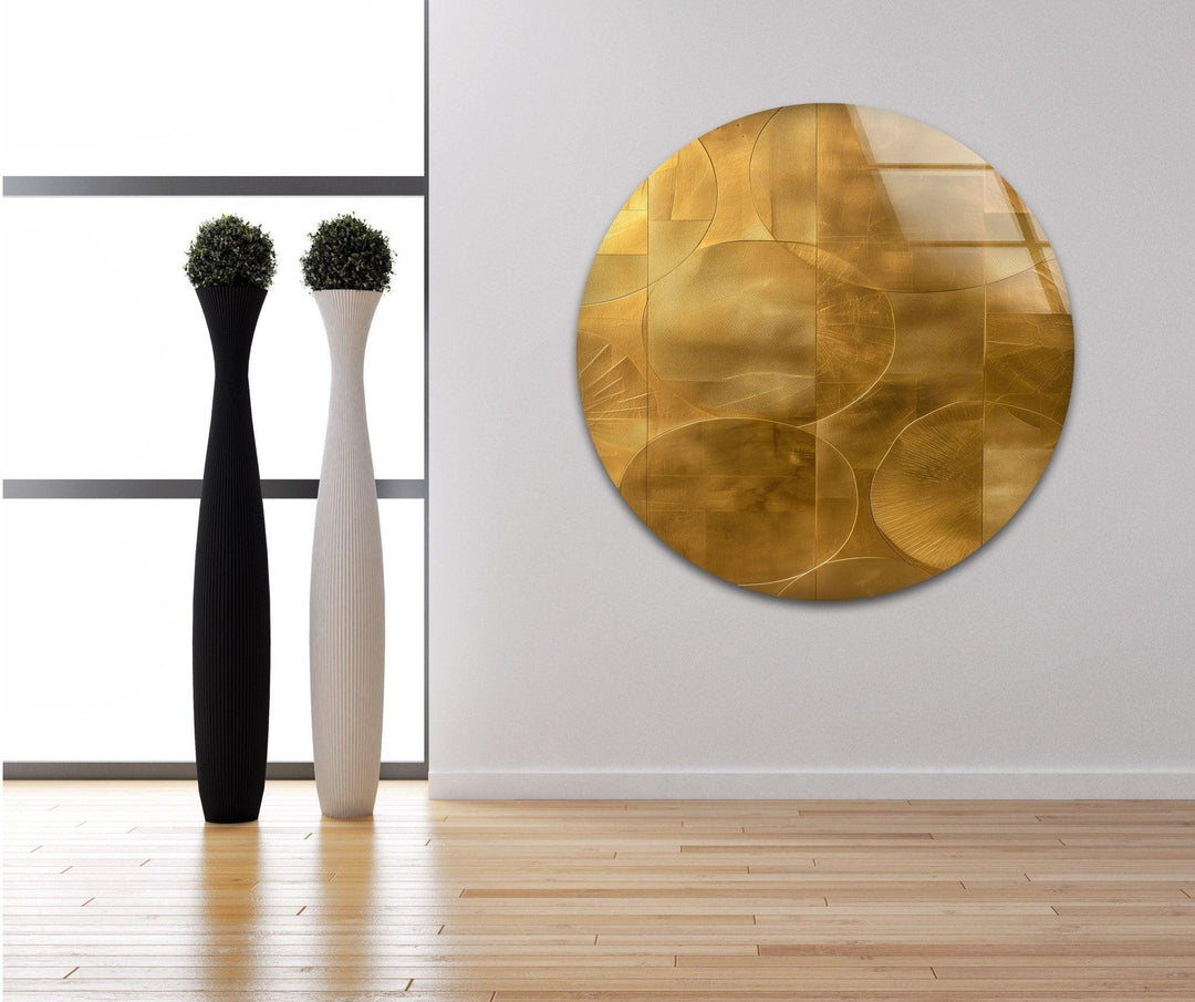 Abstract Gold Geometric round Glass Wall Art