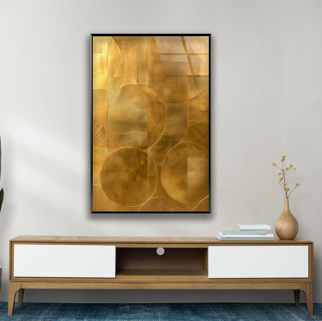 Abstract Gold Geometric with black frame Glass Wall Art