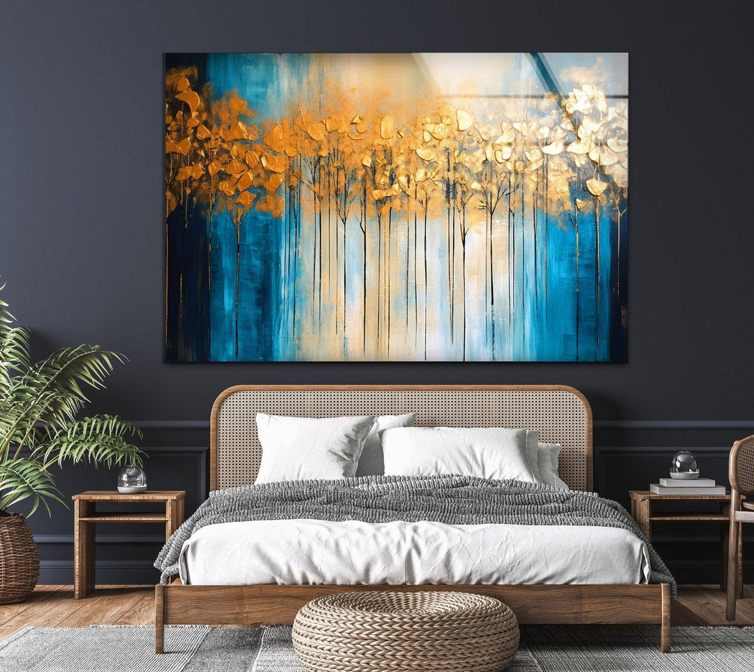 Abstract Gold Leaf Forest Glass Wall Art, glass pictures for Wall, glass prints wall art