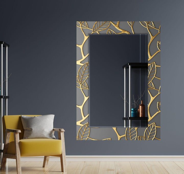 Abstract Grey Golden Leaves Wall Mirror Rectangle Mirror
