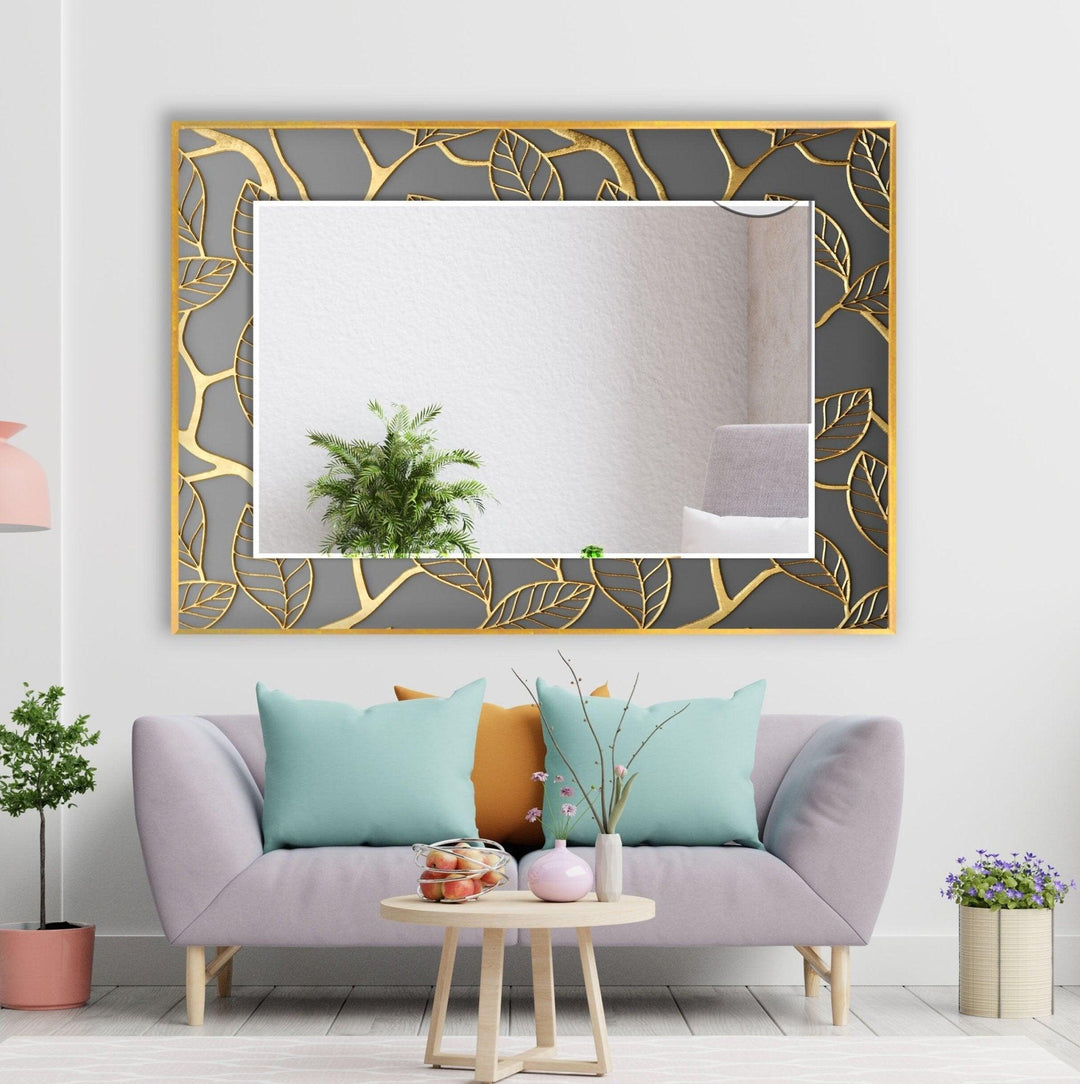 Abstract Grey Golden Leaves Wall Mirror Gold Wall Mirror
