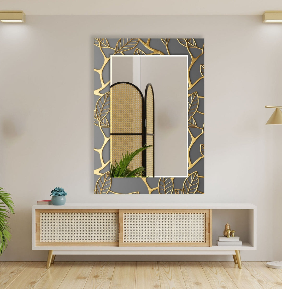 Abstract Grey Golden Leaves Wall Mirror Large Wall Mirror
