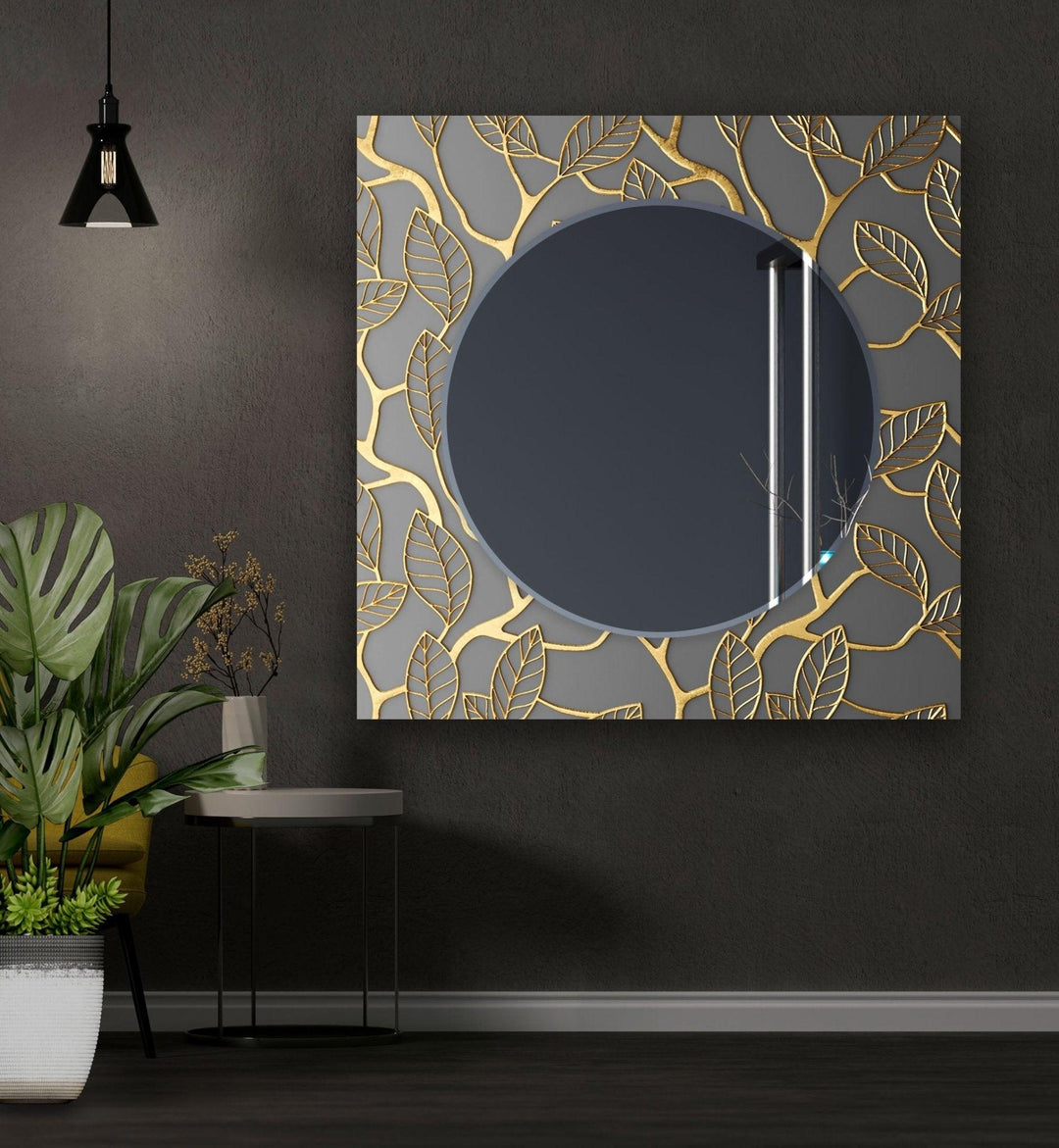 Abstract Grey Golden Leaves Wall Mirror Entryway Mirror
