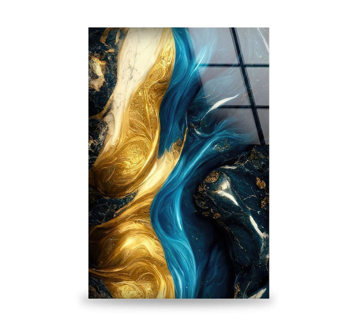 Abstract Marble Blue and Gold Glass Wall Art