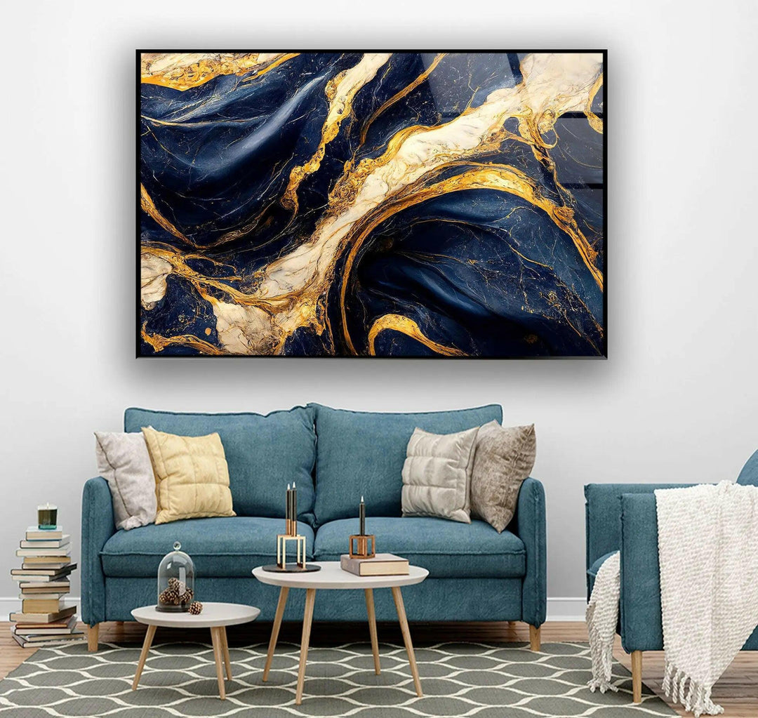 Abstract Marble Dark Blue and Gold Glass Wall Art