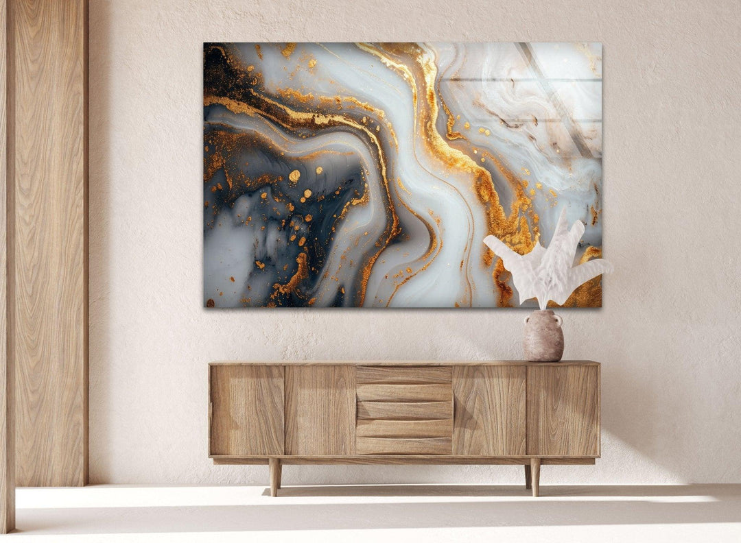 Abstract Marbled Surface Gold Veins Glass Wall decoration for living room