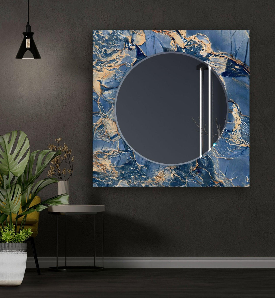 Abstract Navy Blue and Beige Wall Mirror Round Wall Mirror
