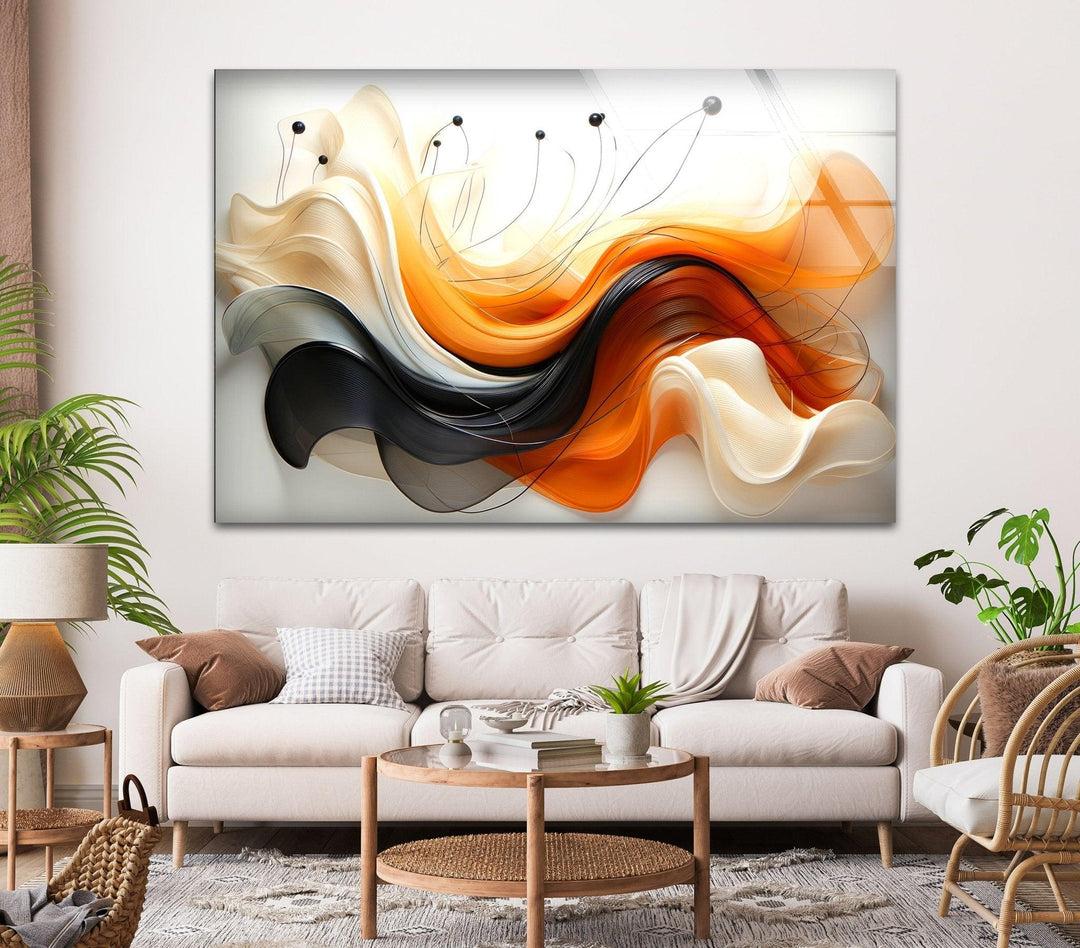 Abstract Orange & Black Wave Glass Wall Art glass pictures for Wall, glass prints wall art