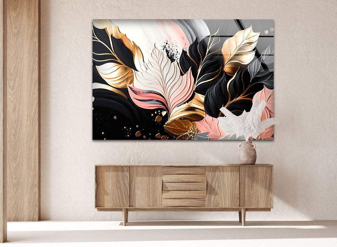 Abstract Pink-Gold Leaf Glass Wall Art, Glass Printing Wall Art, Print photos on glass