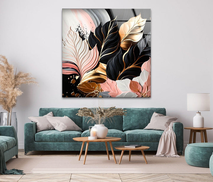 Abstract Pink-Gold Leaf Glass Wall Art, glass photo prints, glass picture prints