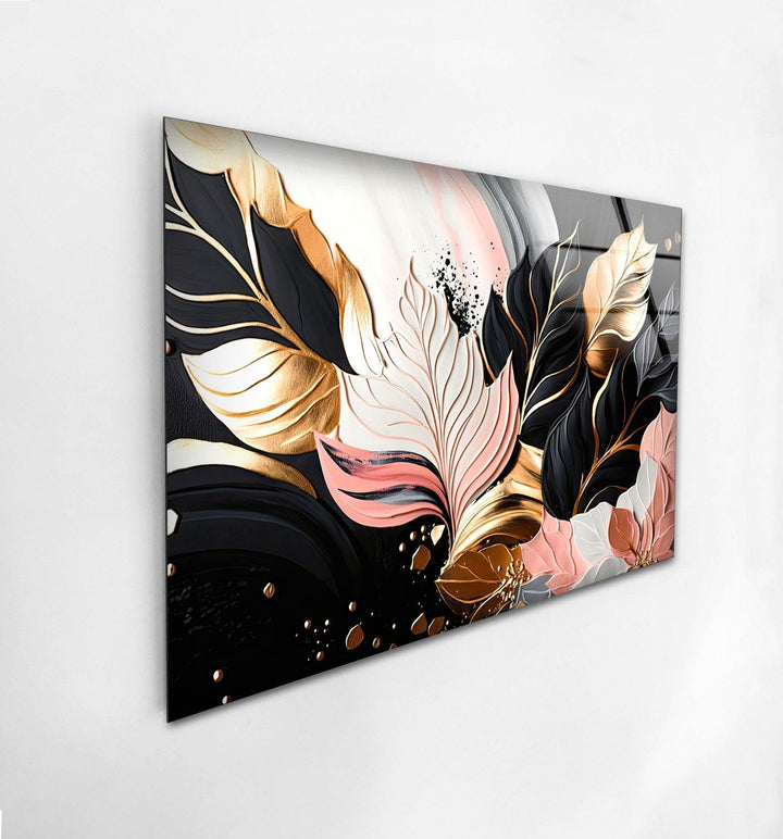 Abstract Pink-Gold Leaf Glass Wall Art, glass art painting, glass art for the Wall