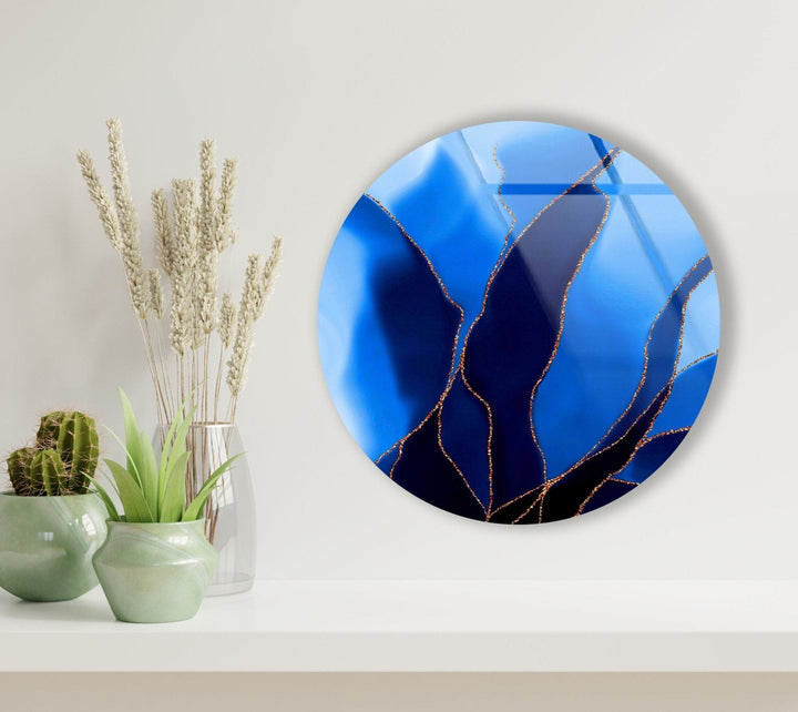 Abstract Round Black & Blue Glass Wall Art photo print on glass, prints on glass wall art
