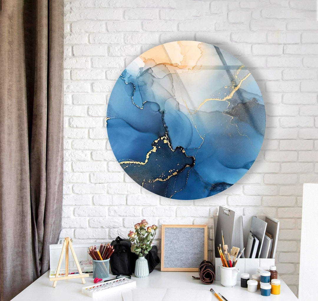 Abstract Round Blue Alcohol Ink Glass Wall Art photo print on glass, prints on glass wall art
