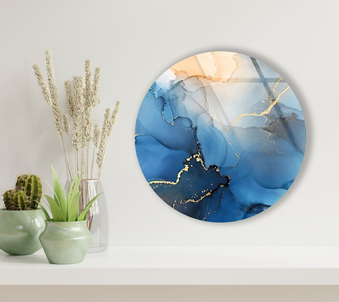 Abstract Round Blue Alcohol Ink Glass Wall Art custom glass pictures, glass art prints
