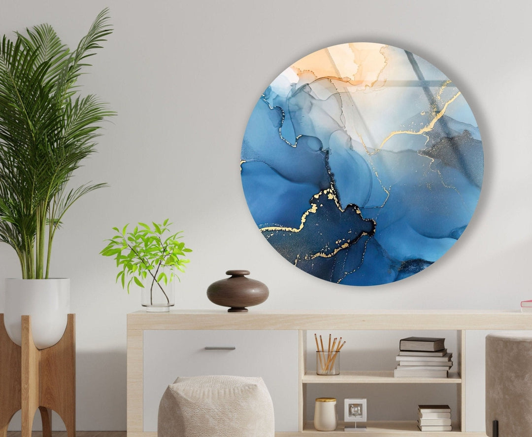 Abstract Round Blue Alcohol Ink Glass Wall Art glass image printing, glass prints from photos
