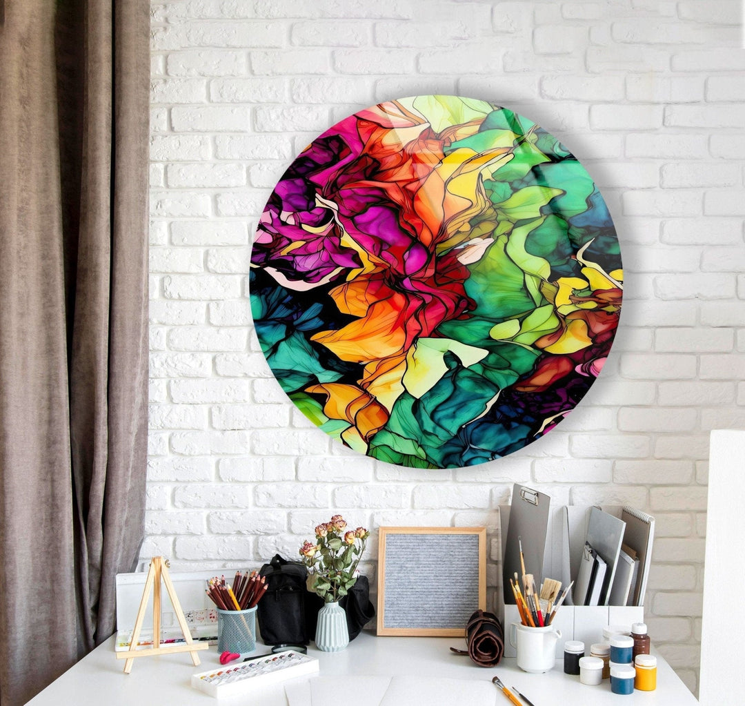 Abstract Round Colorful Oil Art Glass Wall Art glass pictures for Wall, glass prints wall art
