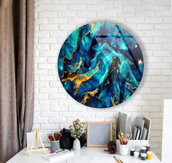 Abstract Round Dark Blue & Gold Glass Wall Art custom glass pictures, glass art prints
