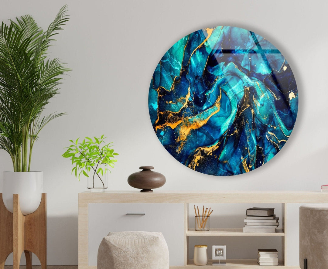 Abstract Round Dark Blue & Gold Glass Wall Art photo print on glass, prints on glass wall art
