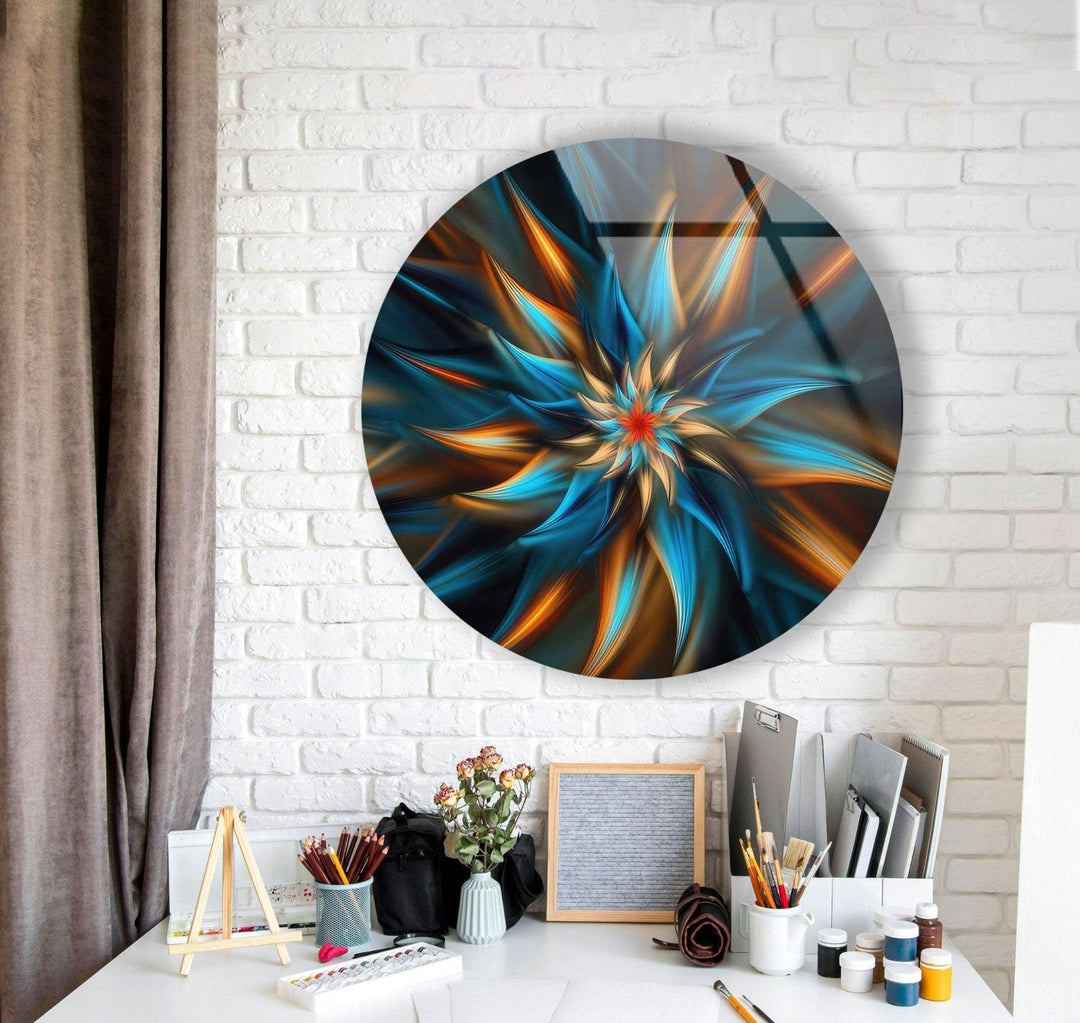 Abstract Round Fractal Blue Glass Wall Art picture on glass wall art, photos printed on glass
