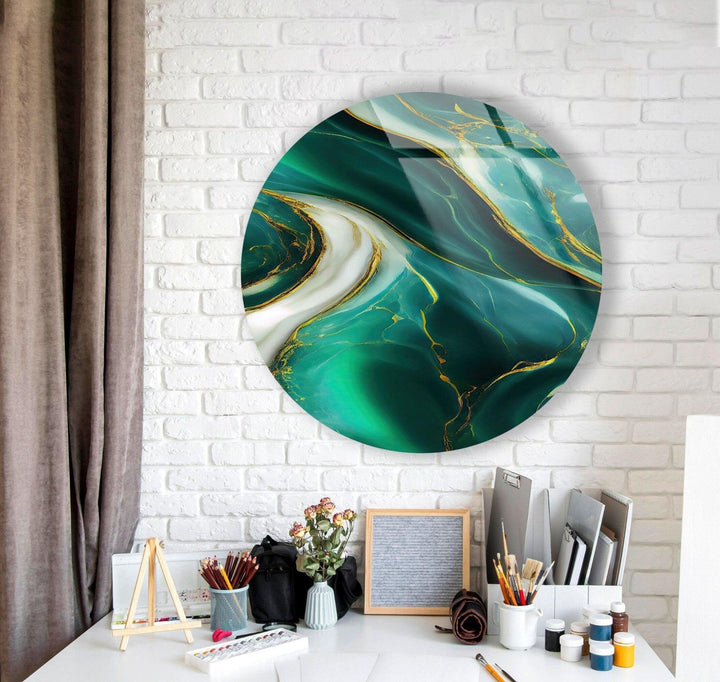 Abstract Round Green & White Glass Wall Art custom glass photo prints, large glass prints
